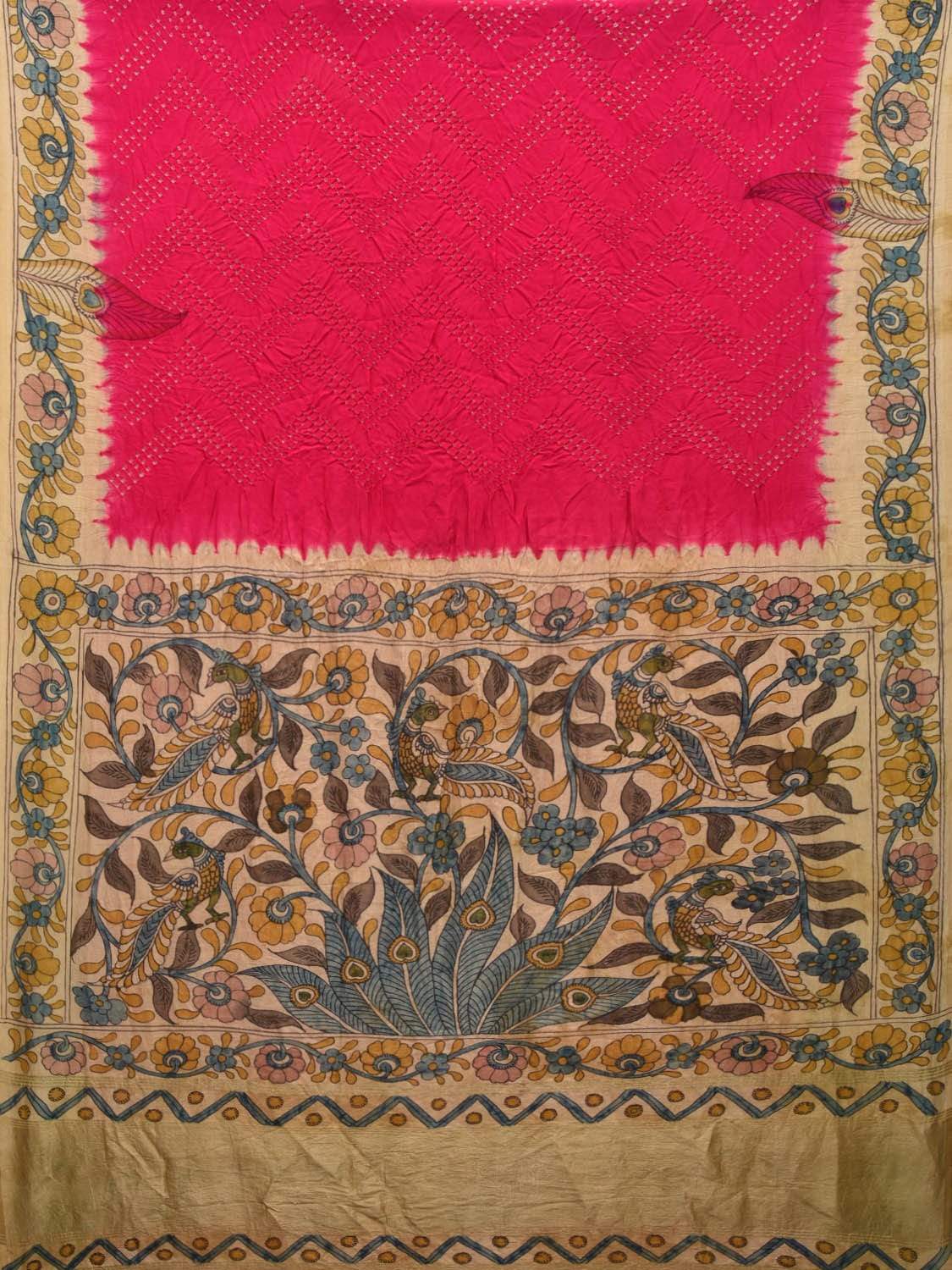 Pink and Cream Bandhani Kalamkari Hand Painted Tussar Handloom Saree with Border and Pallu Design bn0214