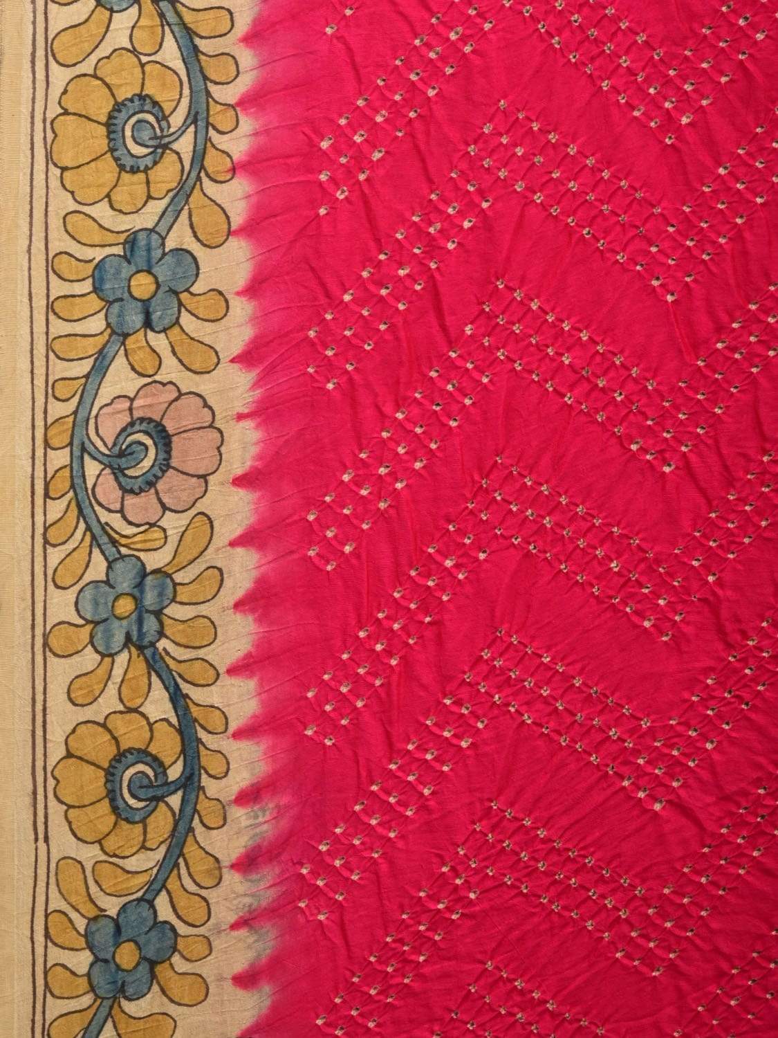 Pink and Cream Bandhani Kalamkari Hand Painted Tussar Handloom Saree with Border and Pallu Design bn0214