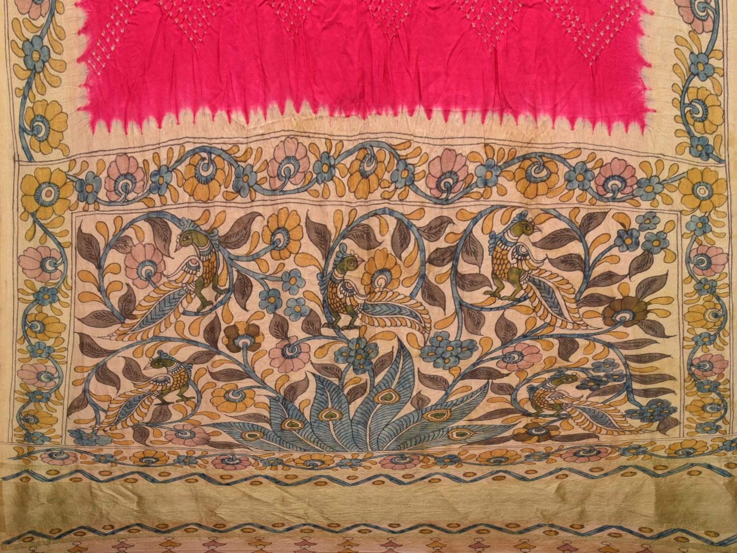 Pink and Cream Bandhani Kalamkari Hand Painted Tussar Handloom Saree with Border and Pallu Design bn0214