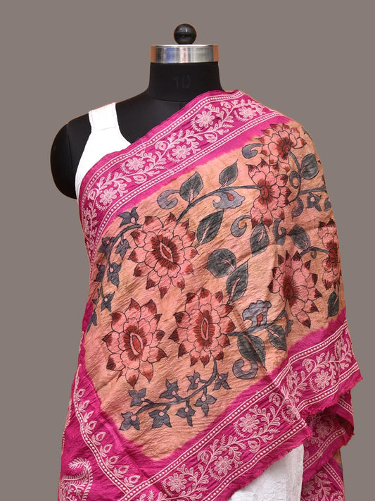 Pink and Cream Kalamkari Hand Painted Silk Handloom Stole with Embroidary Work Design ds3335