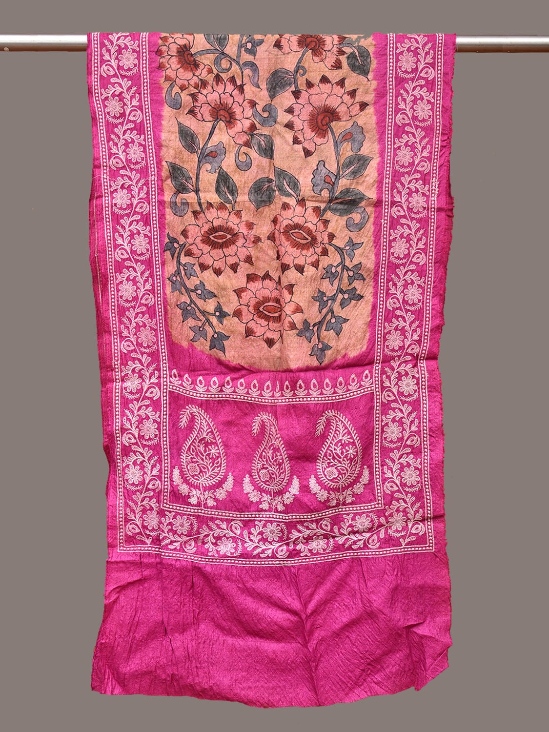 Pink and Cream Kalamkari Hand Painted Silk Handloom Stole with Embroidary Work Design ds3335