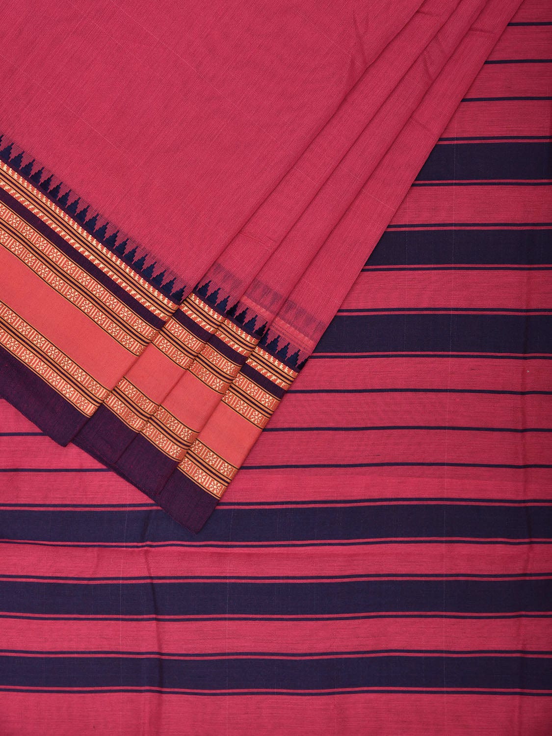 Pink and Dark Blue Bamboo Cotton Plain Saree with Strips Pallu Design No Blouse bc0623