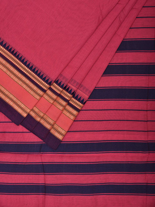 Pink and Dark Blue Bamboo Cotton Plain Saree with Strips Pallu Design No Blouse bc0623
