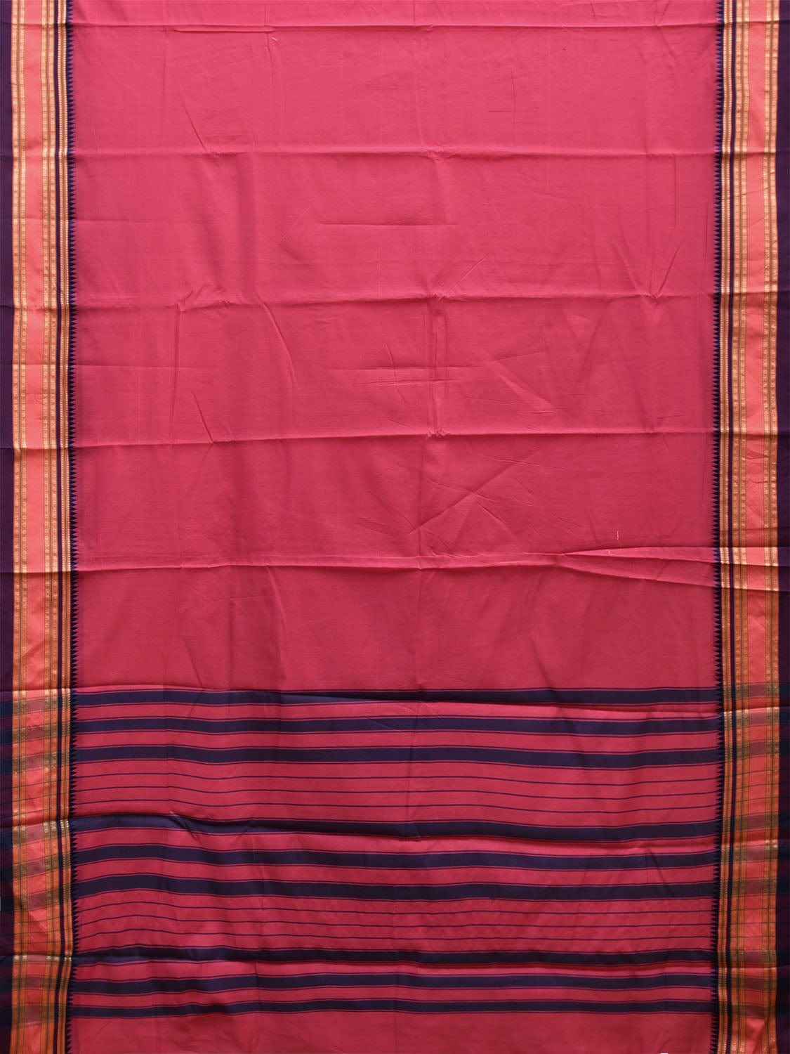 Pink and Dark Blue Bamboo Cotton Plain Saree with Strips Pallu Design No Blouse bc0623
