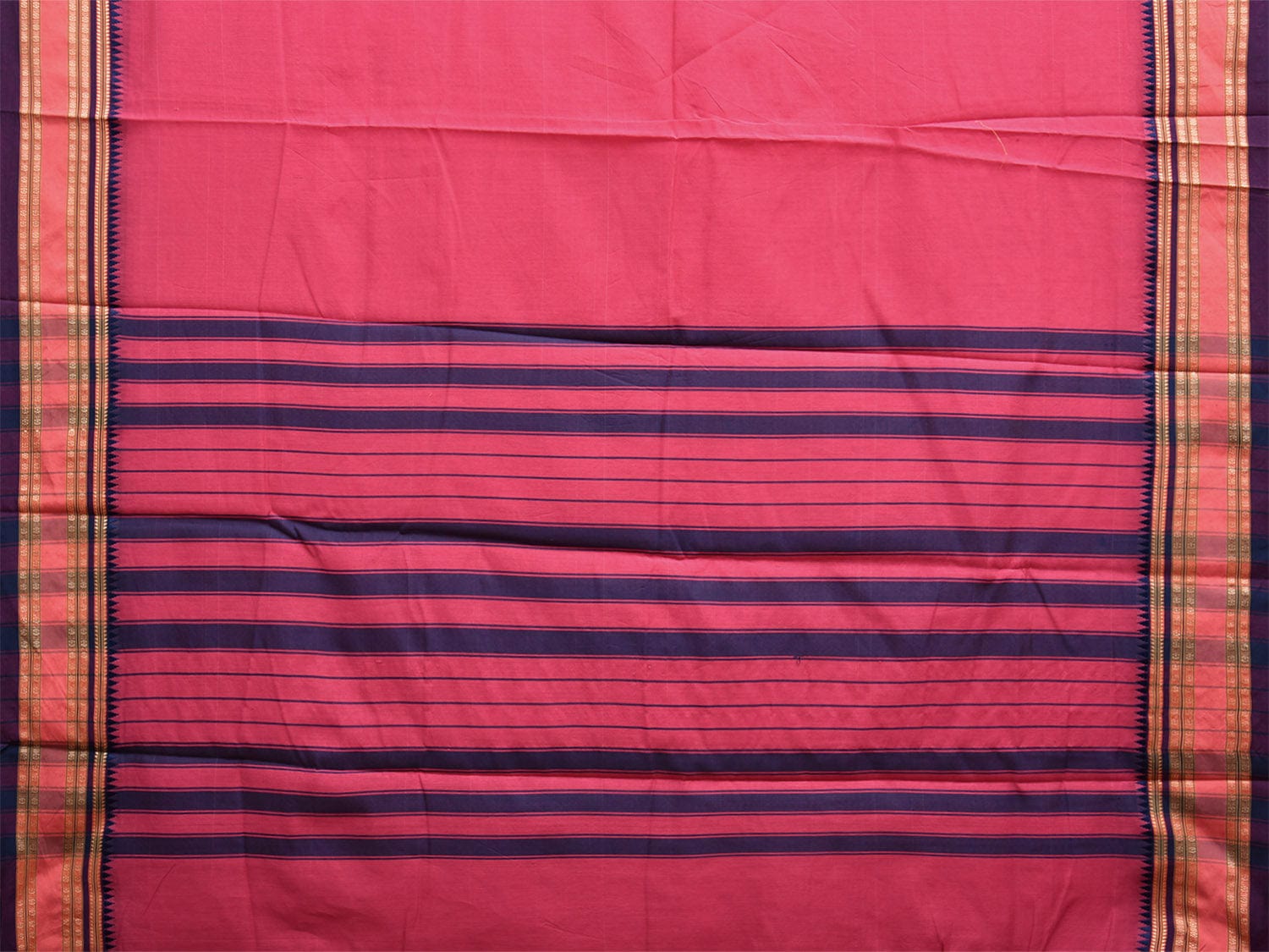 Pink and Dark Blue Bamboo Cotton Plain Saree with Strips Pallu Design No Blouse bc0623