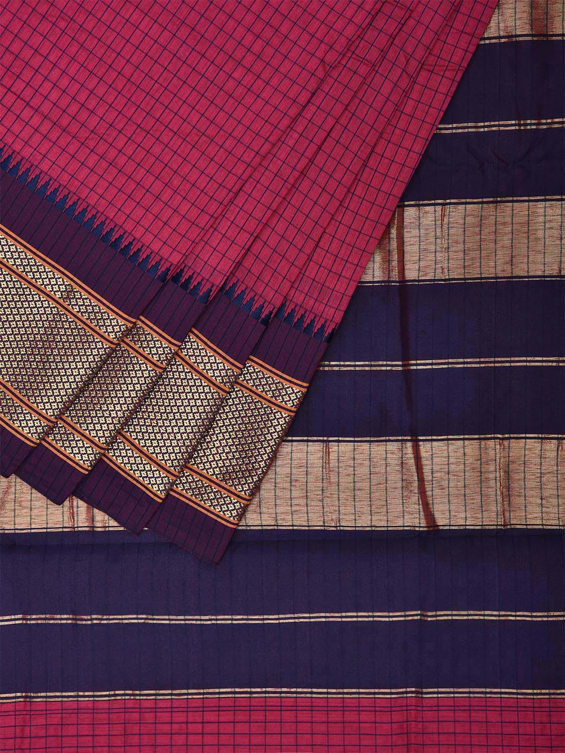 Pink and Dark Blue Bamboo Cotton Saree with Checks Design No Blouse bc0626