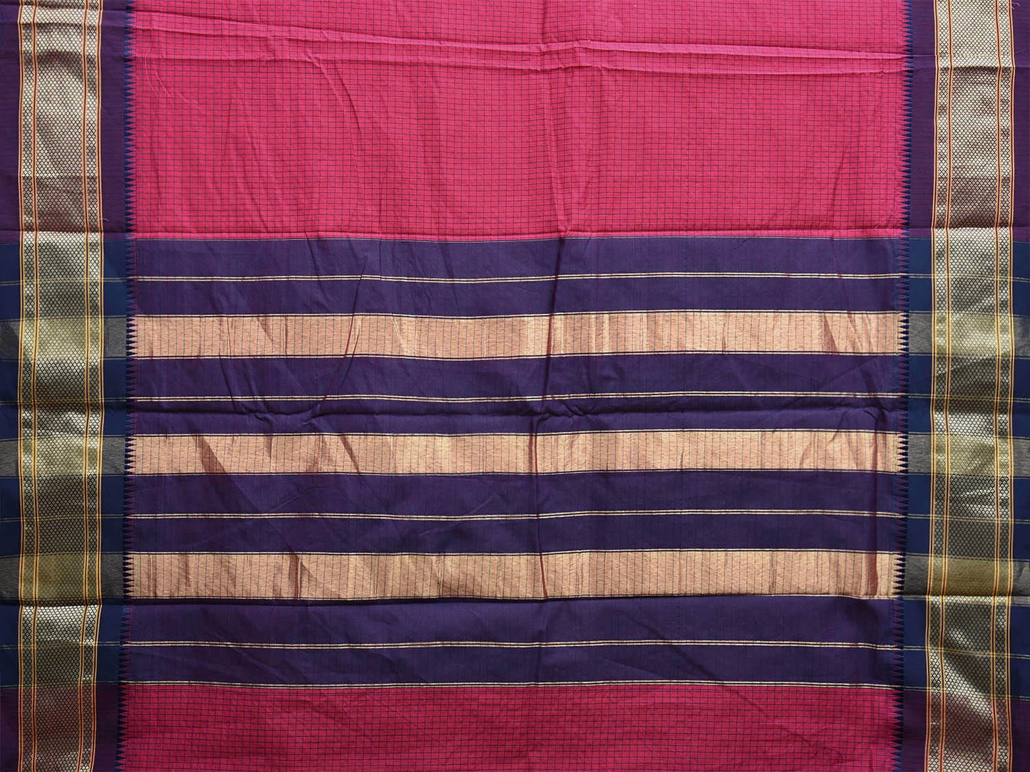 Pink and Dark Blue Bamboo Cotton Saree with Checks Design No Blouse bc0626