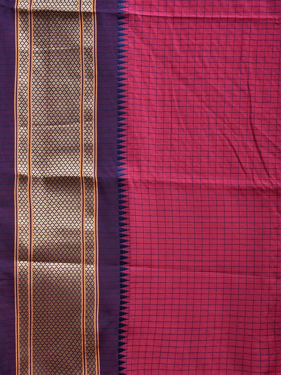 Pink and Dark Blue Bamboo Cotton Saree with Checks Design No Blouse bc0626