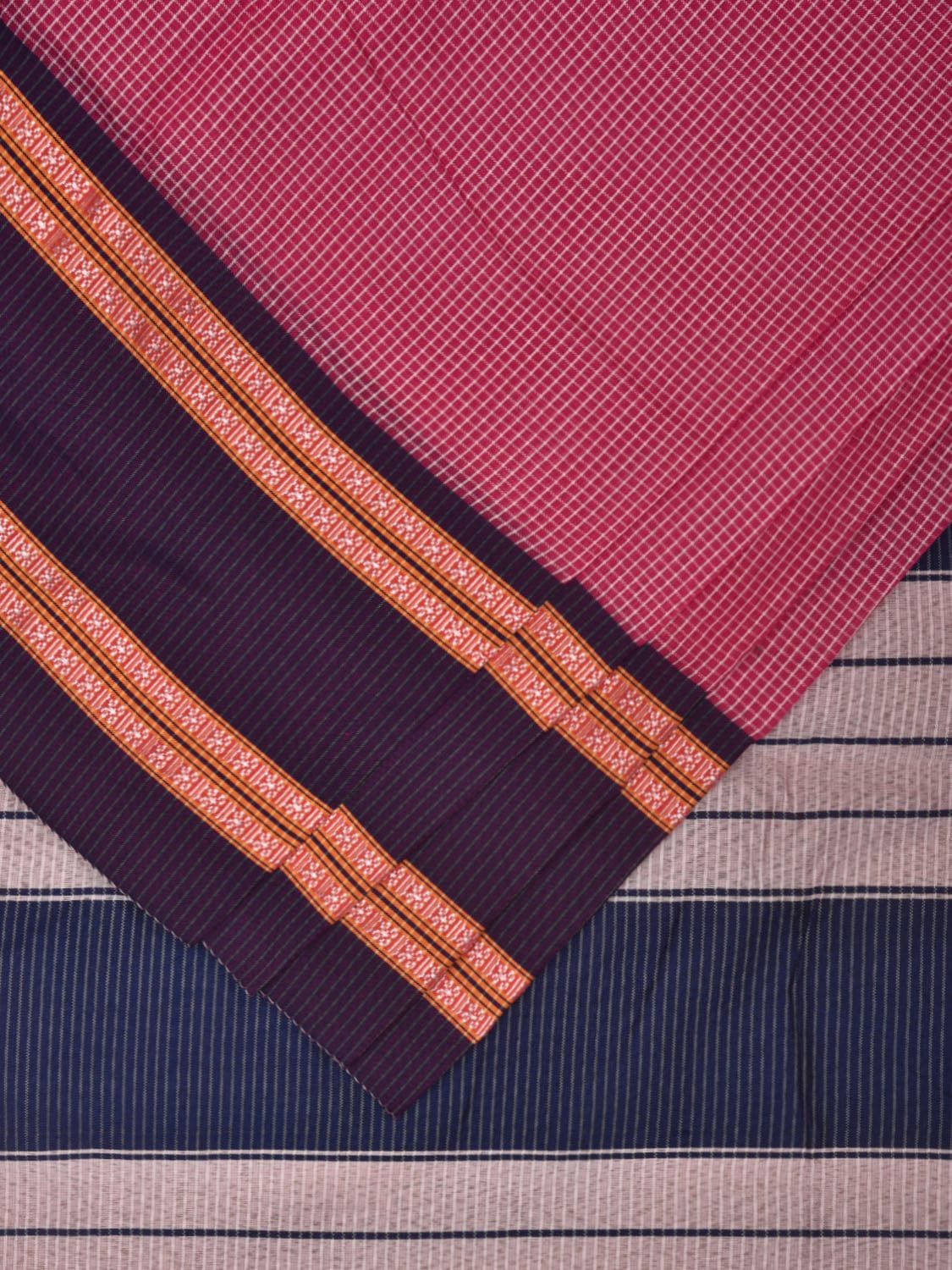 Pink and Dark Blue Bamboo Cotton Saree with Small Checks Design No Blouse bc0297
