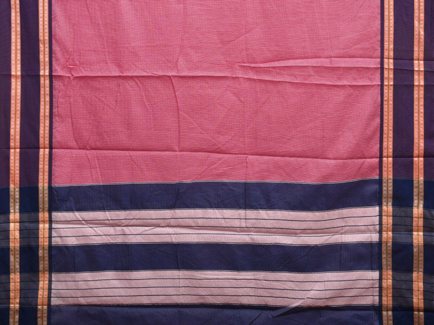 Pink and Dark Blue Bamboo Cotton Saree with Small Checks Design No Blouse bc0297