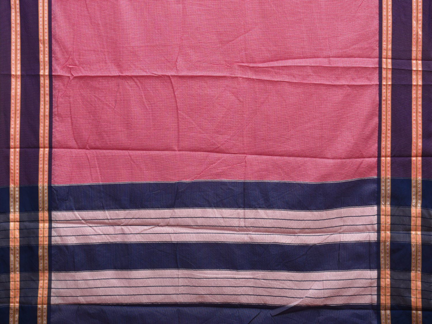 Pink and Dark Blue Bamboo Cotton Saree with Small Checks Design No Blouse bc0297