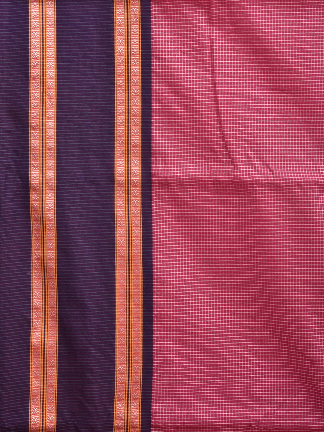 Pink and Dark Blue Bamboo Cotton Saree with Small Checks Design No Blouse bc0297