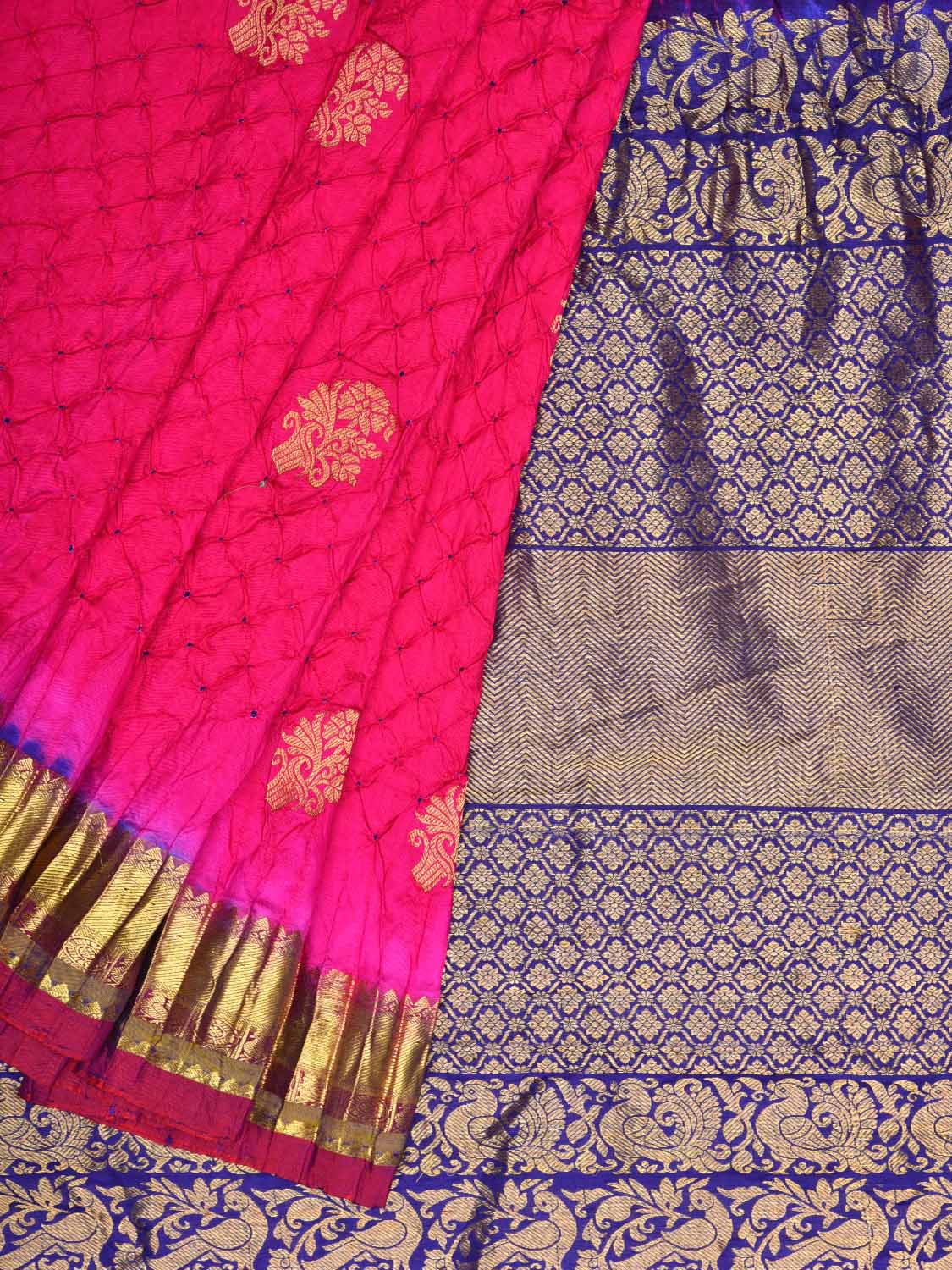 Pink and Dark Blue Bandhani Kanchipuram Silk Handloom Saree with Body Buta Design bn0280