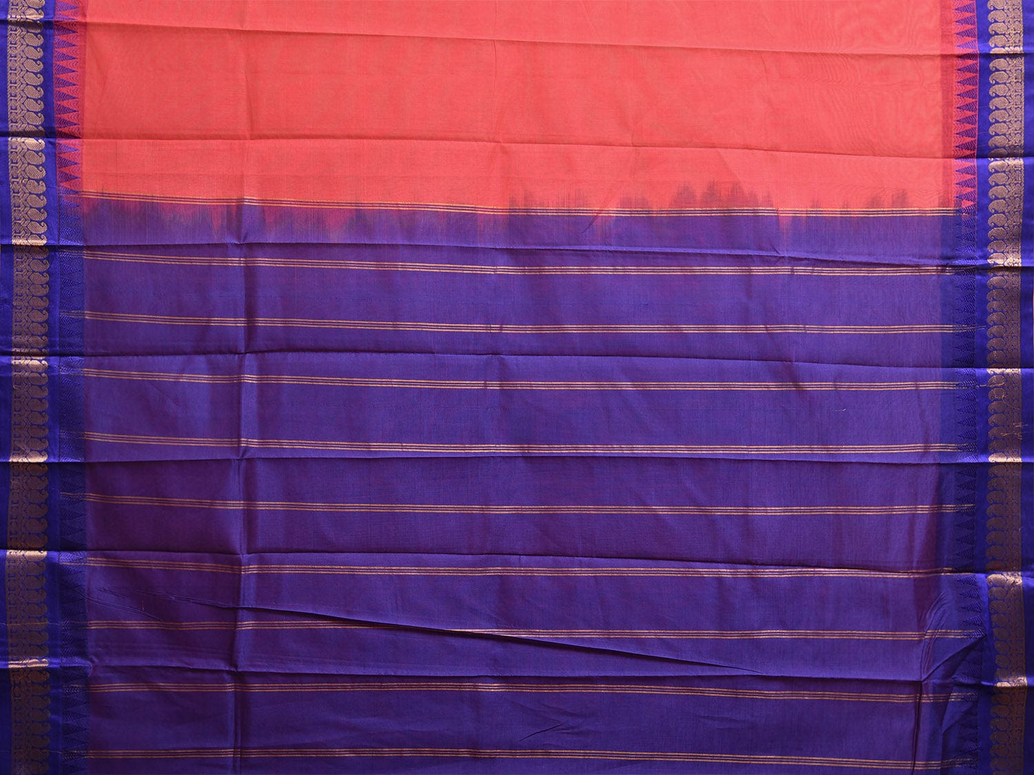 Pink and Dark Blue Gadwal Cotton Plain Saree with Strips and Contrast Pallu Design No Blouse  g0463