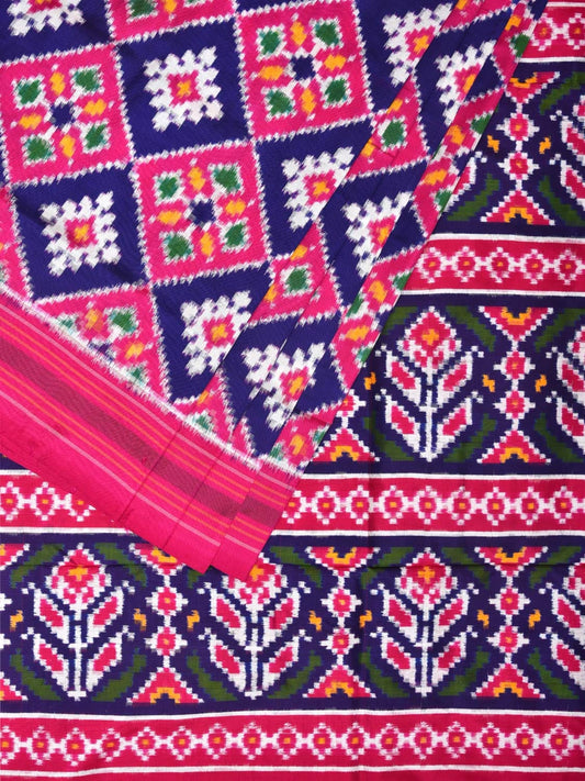 Pink and Dark Blue Pochampally Double Ikat Silk Handloom Saree with Grill Design i0757