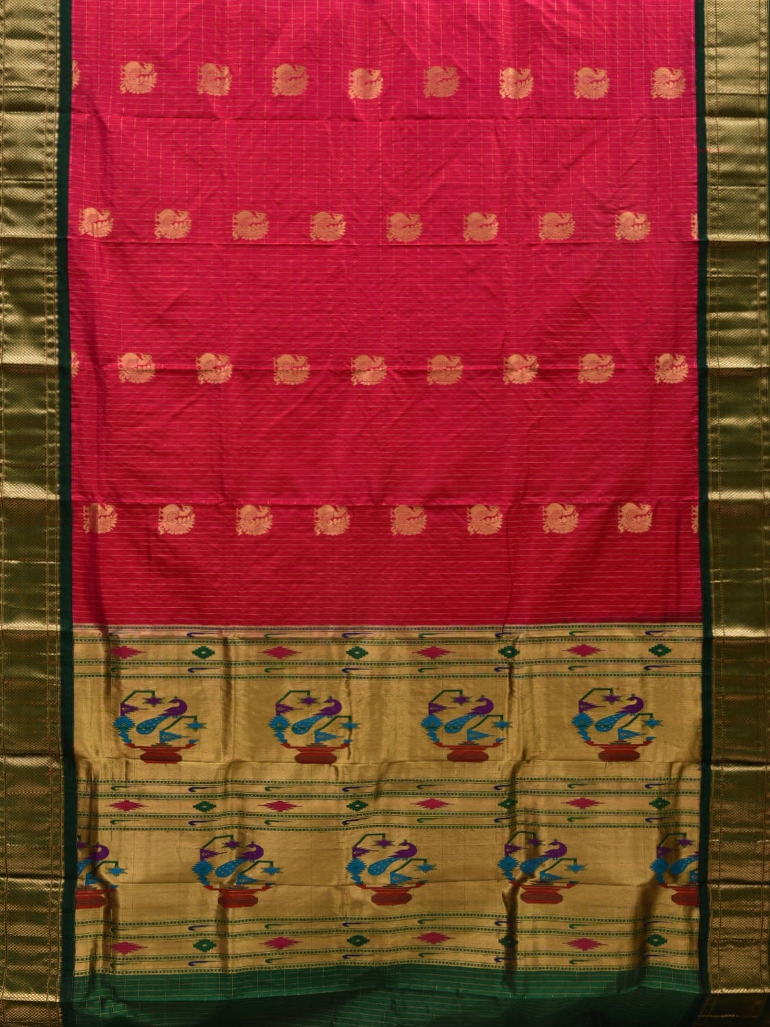 Pink and Dark Green Paithani Silk Handloom Saree with Checks and Body Design p0422