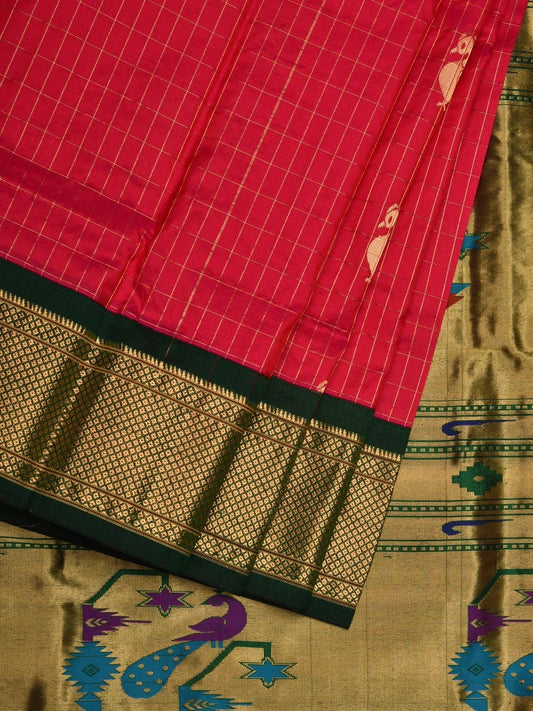 Pink and Dark Green Paithani Silk Handloom Saree with Checks and Body Design p0422