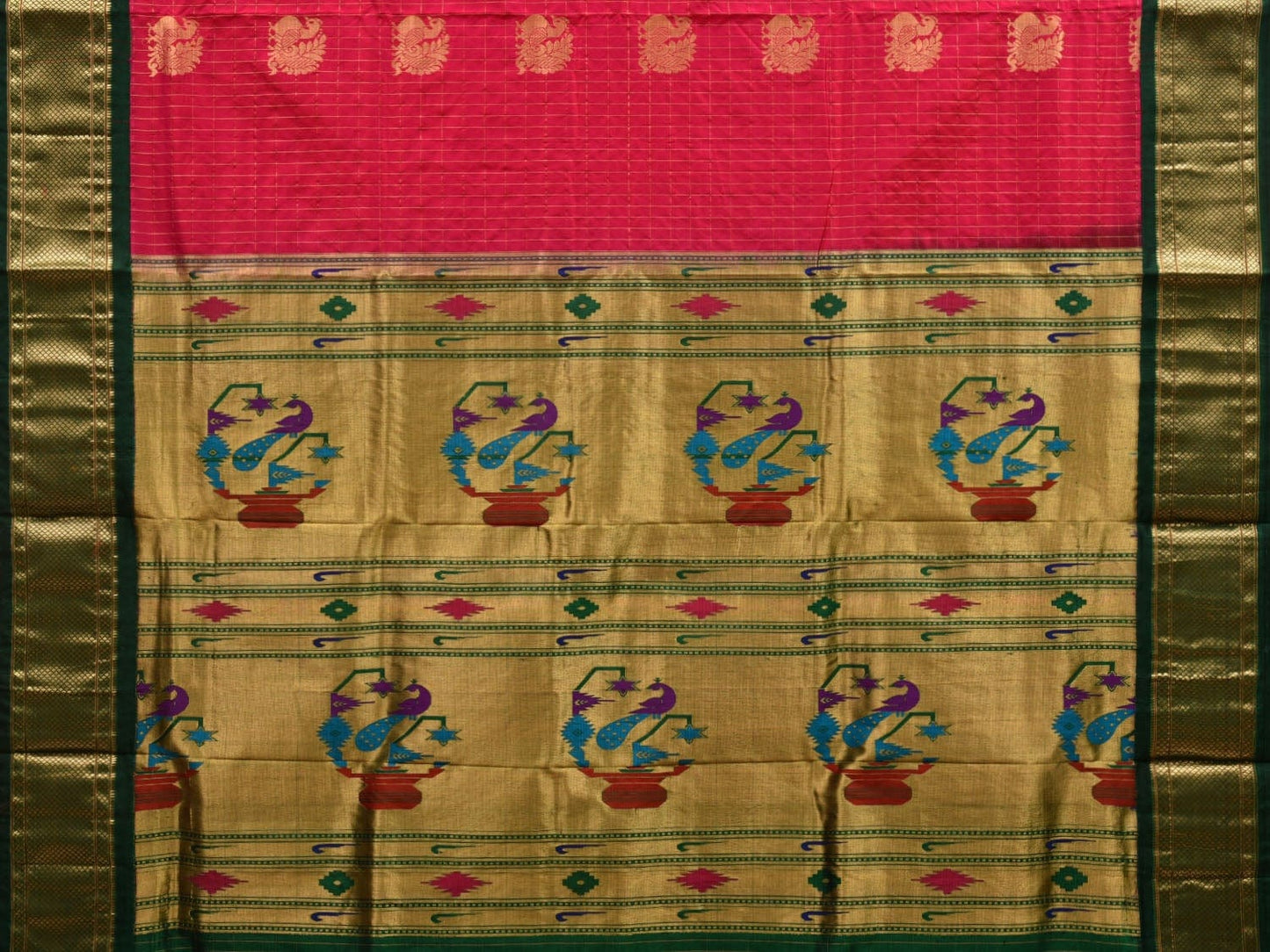 Pink and Dark Green Paithani Silk Handloom Saree with Checks and Body Design p0422