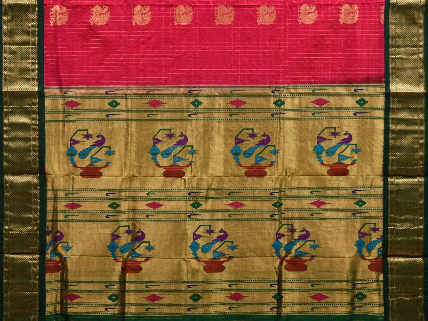 Pink and Dark Green Paithani Silk Handloom Saree with Checks and Body Design p0422