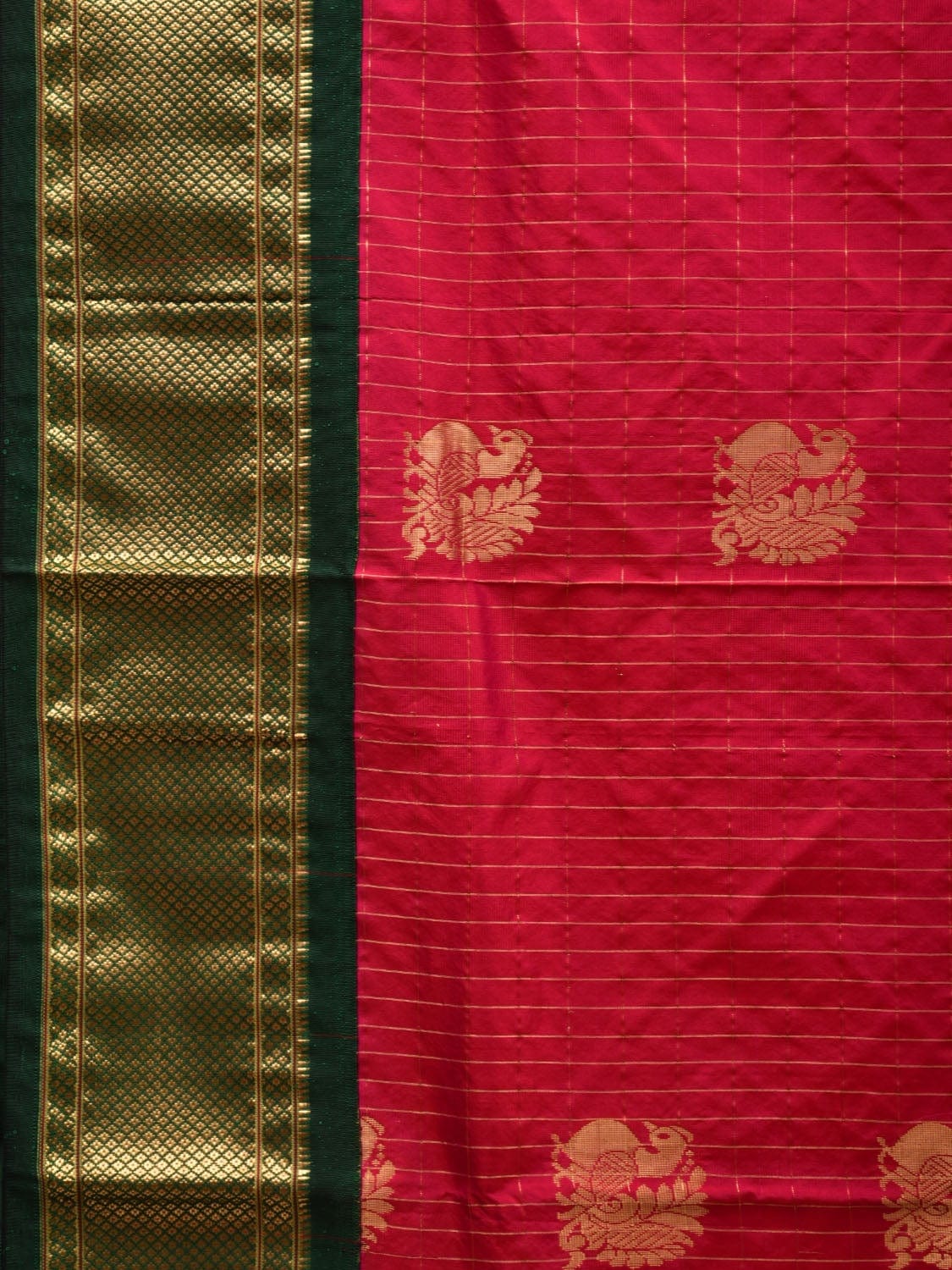 Pink and Dark Green Paithani Silk Handloom Saree with Checks and Body Design p0422