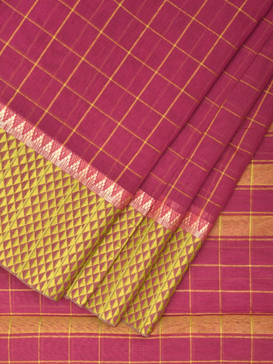 Pink and Green Bamboo Cotton Saree with Big Checks Design No Blouse bc0382