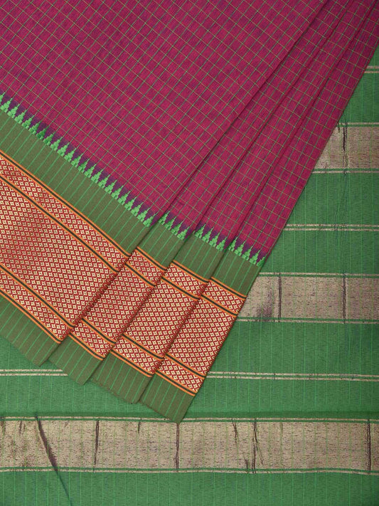 Pink and Green Bamboo Cotton Saree with Checks Design No Blouse bc0612
