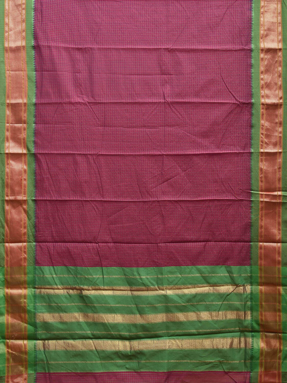 Pink and Green Bamboo Cotton Saree with Checks Design No Blouse bc0612