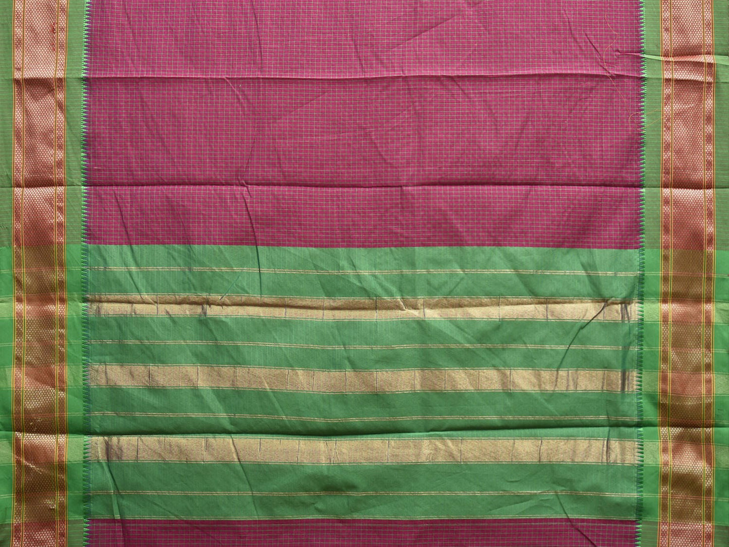 Pink and Green Bamboo Cotton Saree with Checks Design No Blouse bc0612