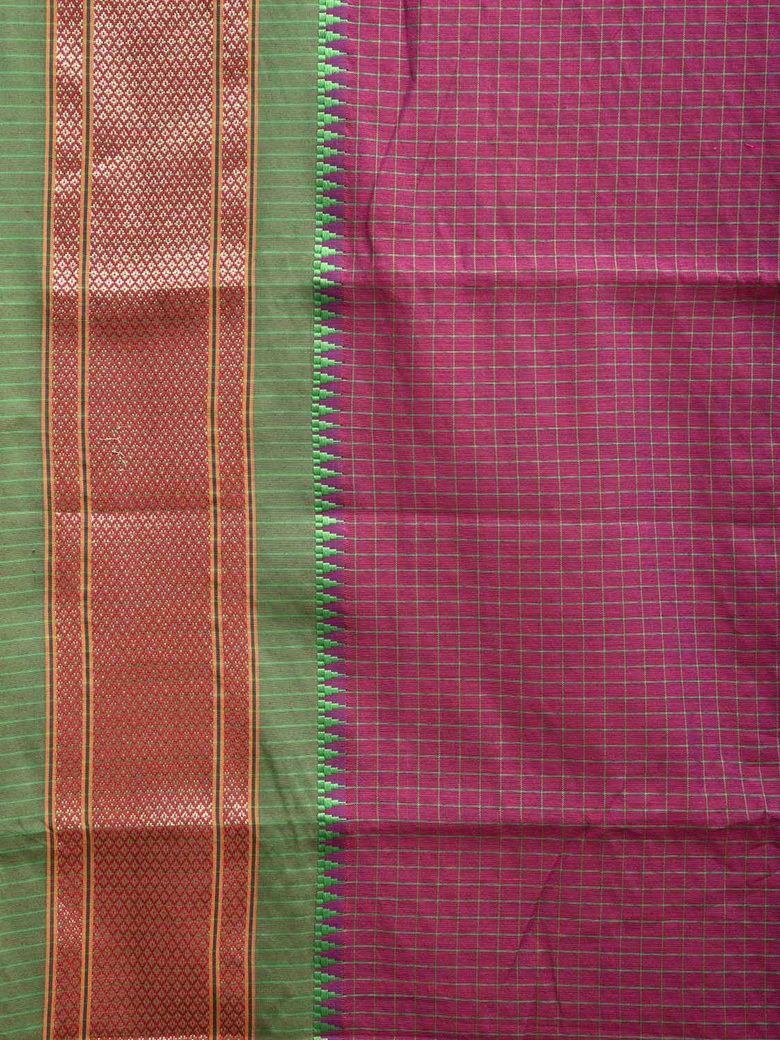 Pink and Green Bamboo Cotton Saree with Checks Design No Blouse bc0612