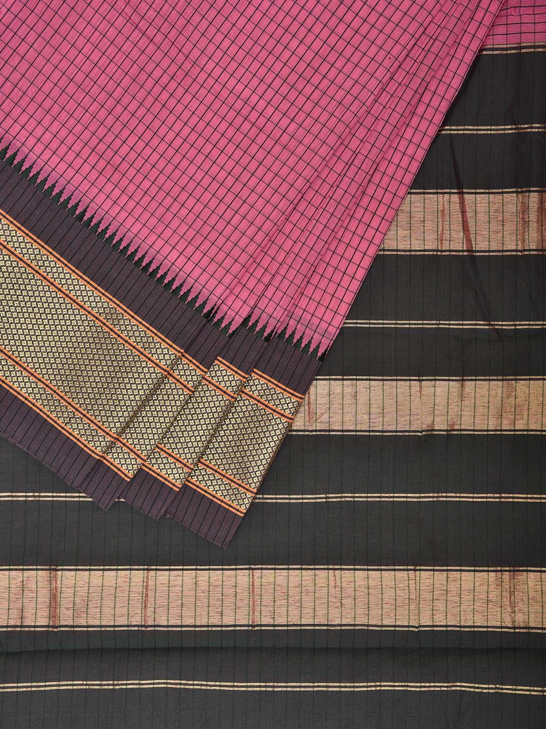 Pink and Green Bamboo Cotton Saree with Checks Design No Blouse bc0669