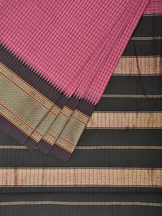 Pink and Green Bamboo Cotton Saree with Checks Design No Blouse bc0669