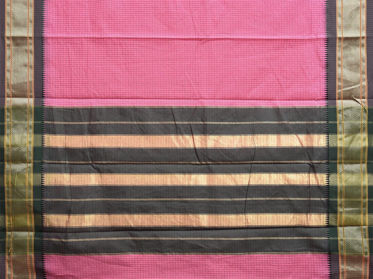 Pink and Green Bamboo Cotton Saree with Checks Design No Blouse bc0669