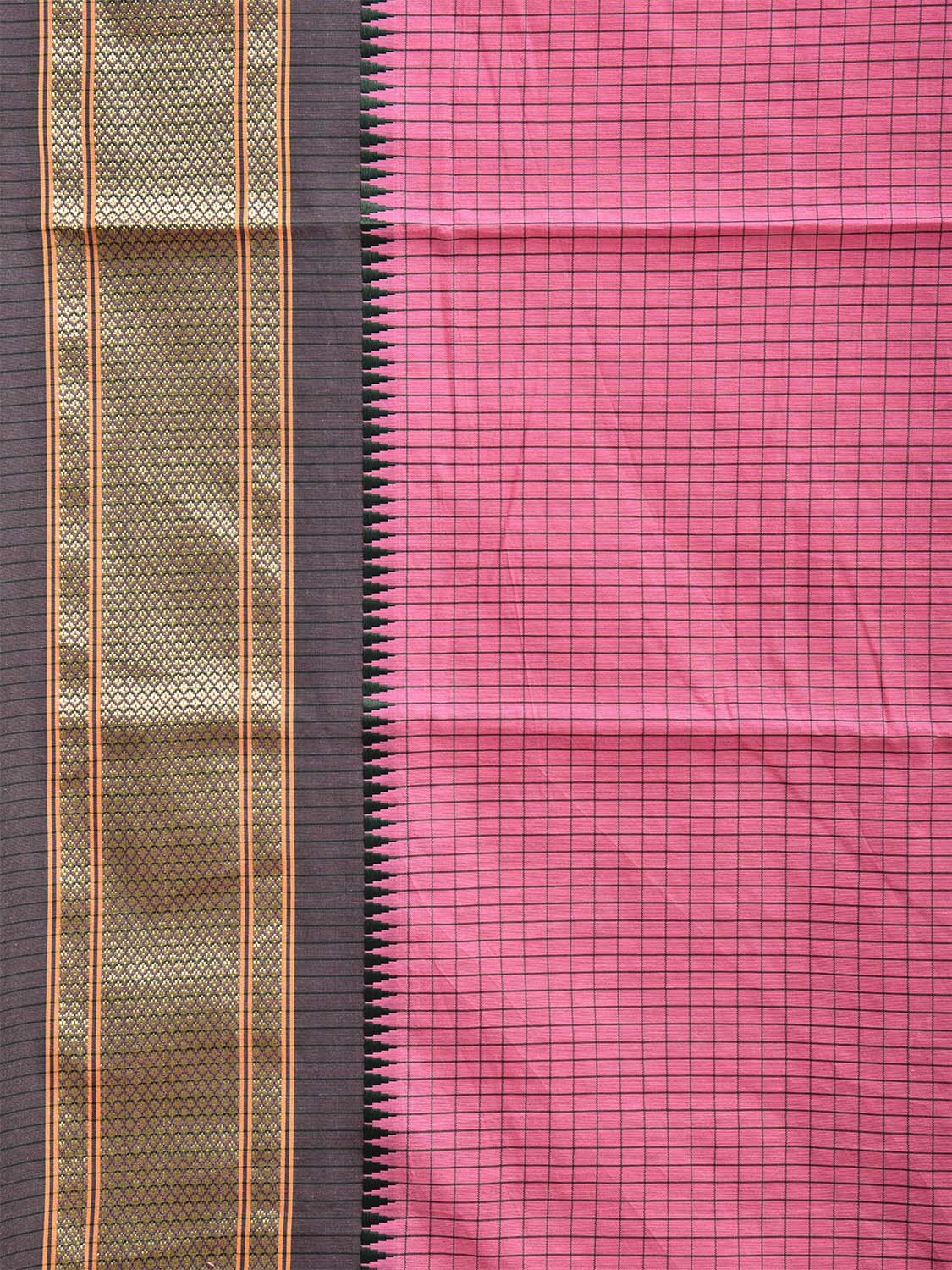 Pink and Green Bamboo Cotton Saree with Checks Design No Blouse bc0669