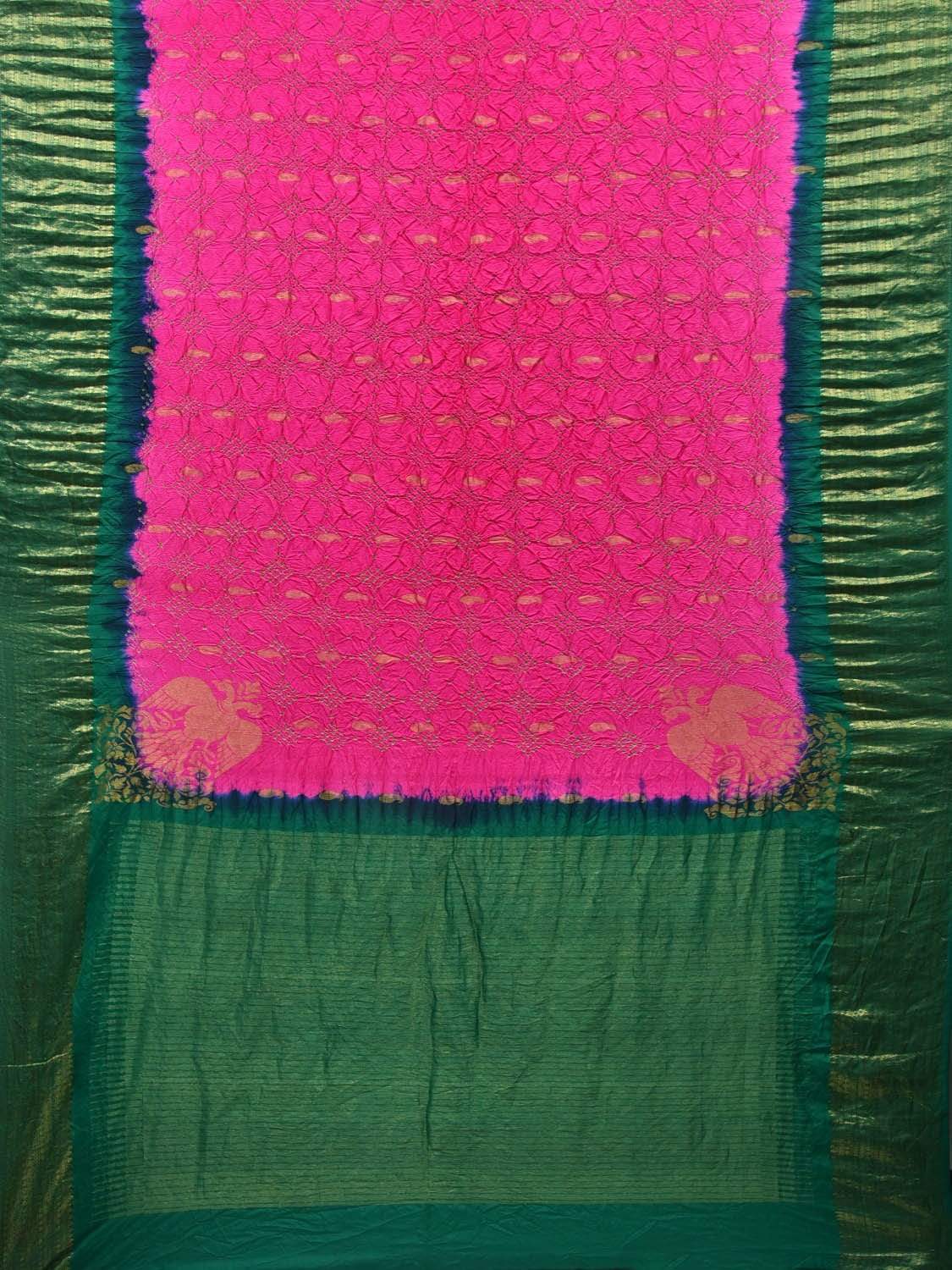 Pink and Green Bandhani Kanchipuram Silk Handloom Saree with Corner Gandberuda Design bn0300