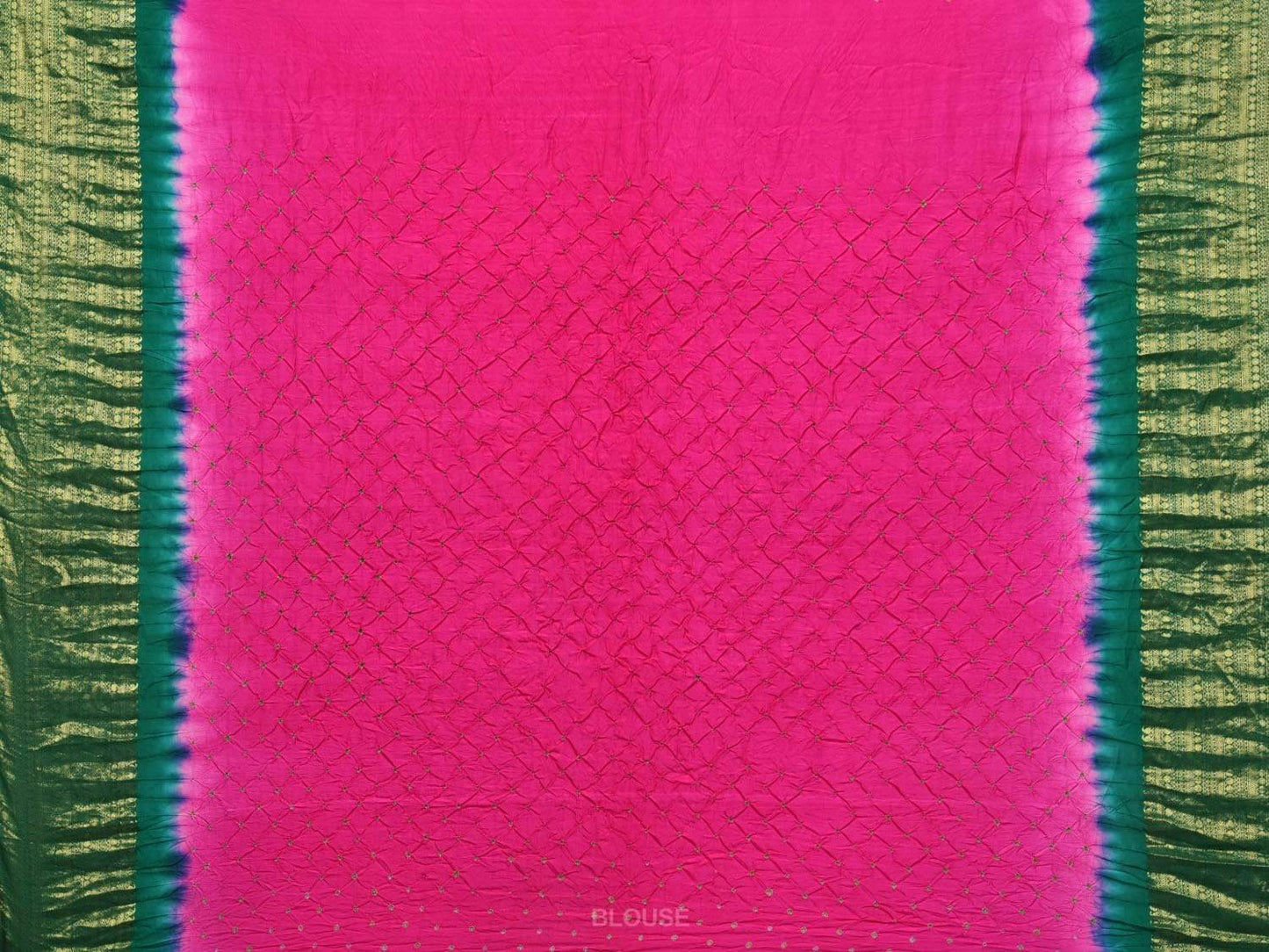 Pink and Green Bandhani Kanchipuram Silk Handloom Saree with Corner Gandberuda Design bn0300