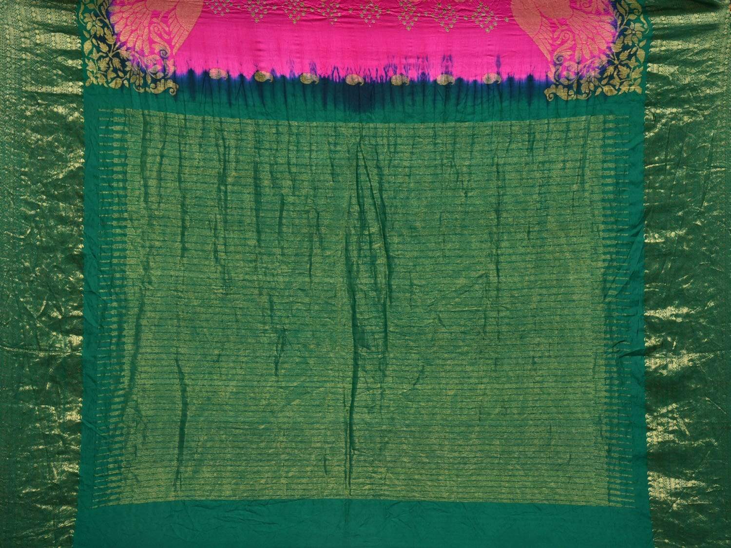 Pink and Green Bandhani Kanchipuram Silk Handloom Saree with Corner Gandberuda Design bn0300