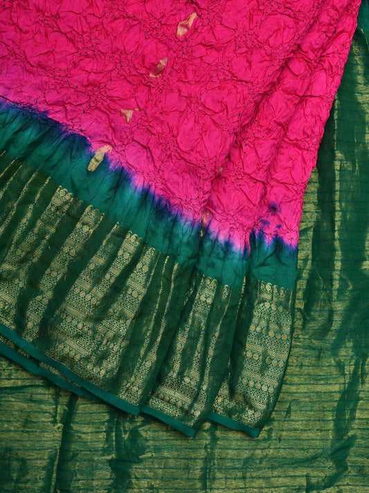 Pink and Green Bandhani Kanchipuram Silk Handloom Saree with Corner Gandberuda Design bn0300