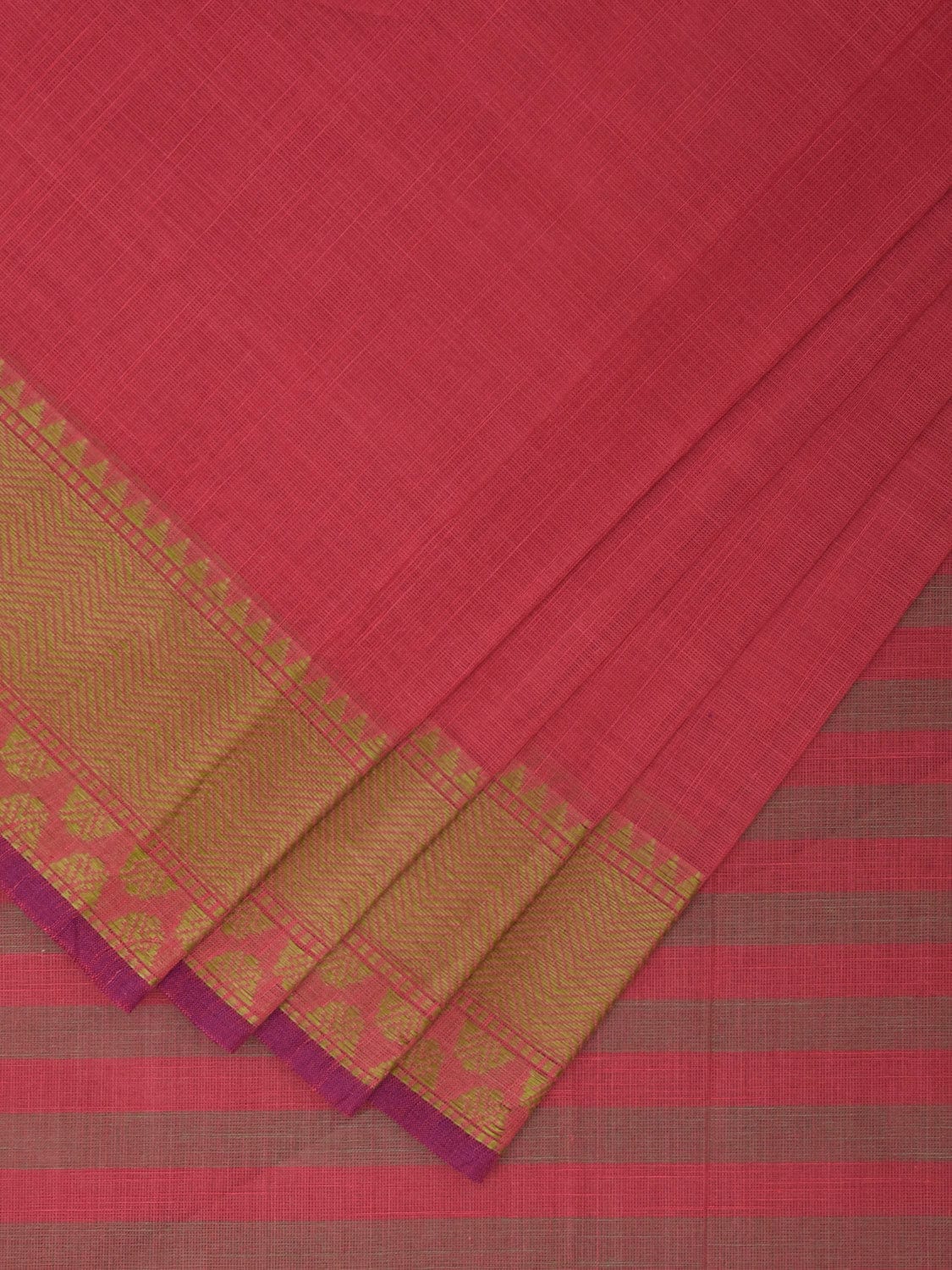 Pink and Green Kanchipuram Cotton Handloom Plain Saree with Strips Pallu Design k0553