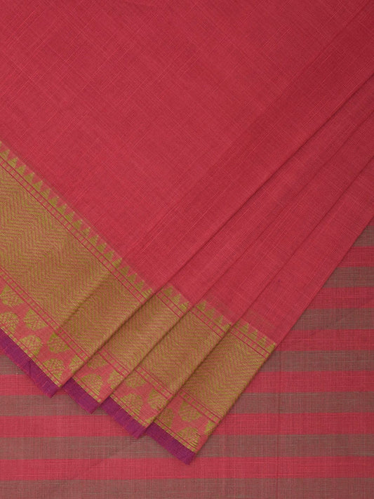 Pink and Green Kanchipuram Cotton Handloom Plain Saree with Strips Pallu Design k0553