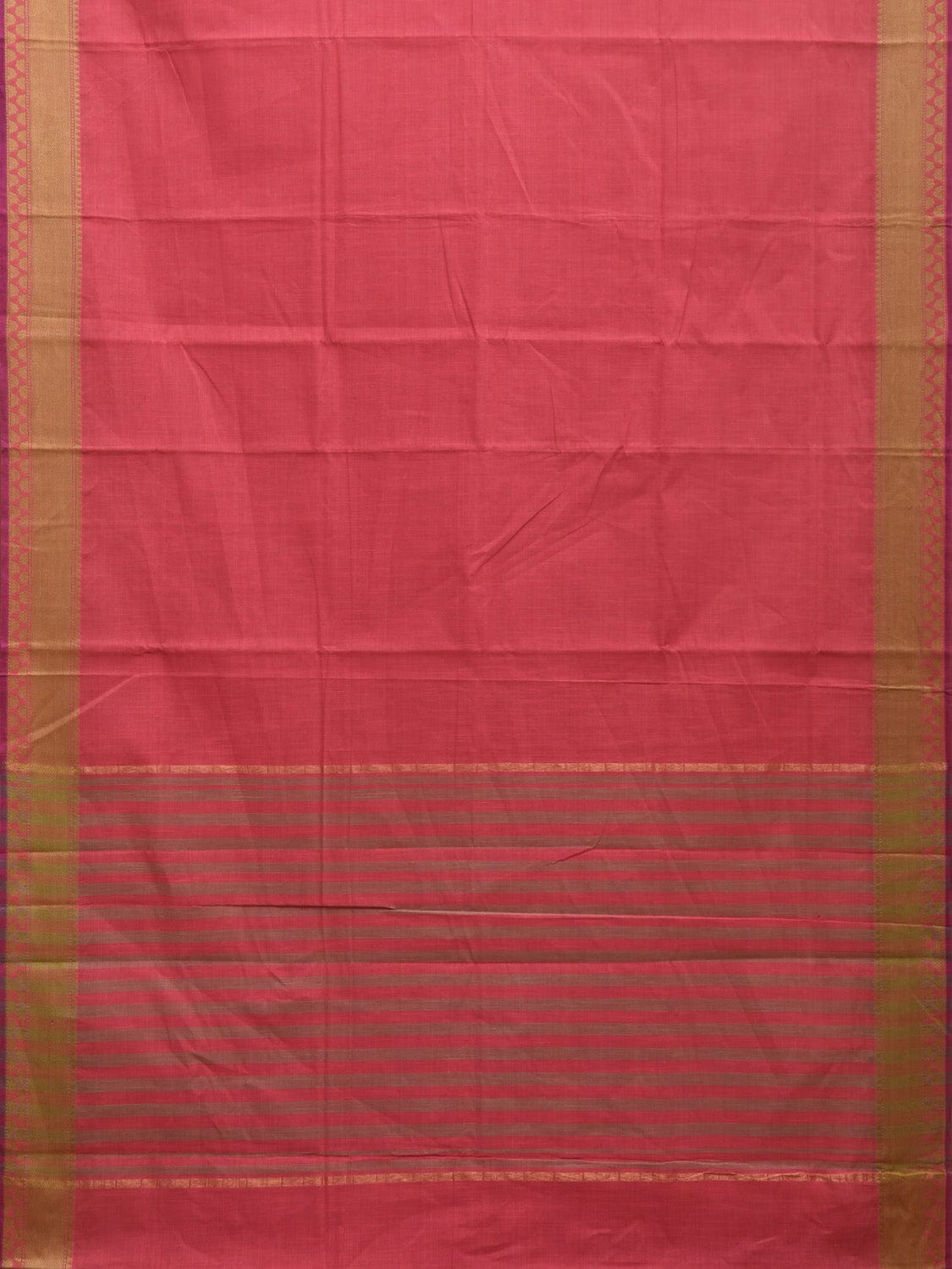 Pink and Green Kanchipuram Cotton Handloom Plain Saree with Strips Pallu Design k0553