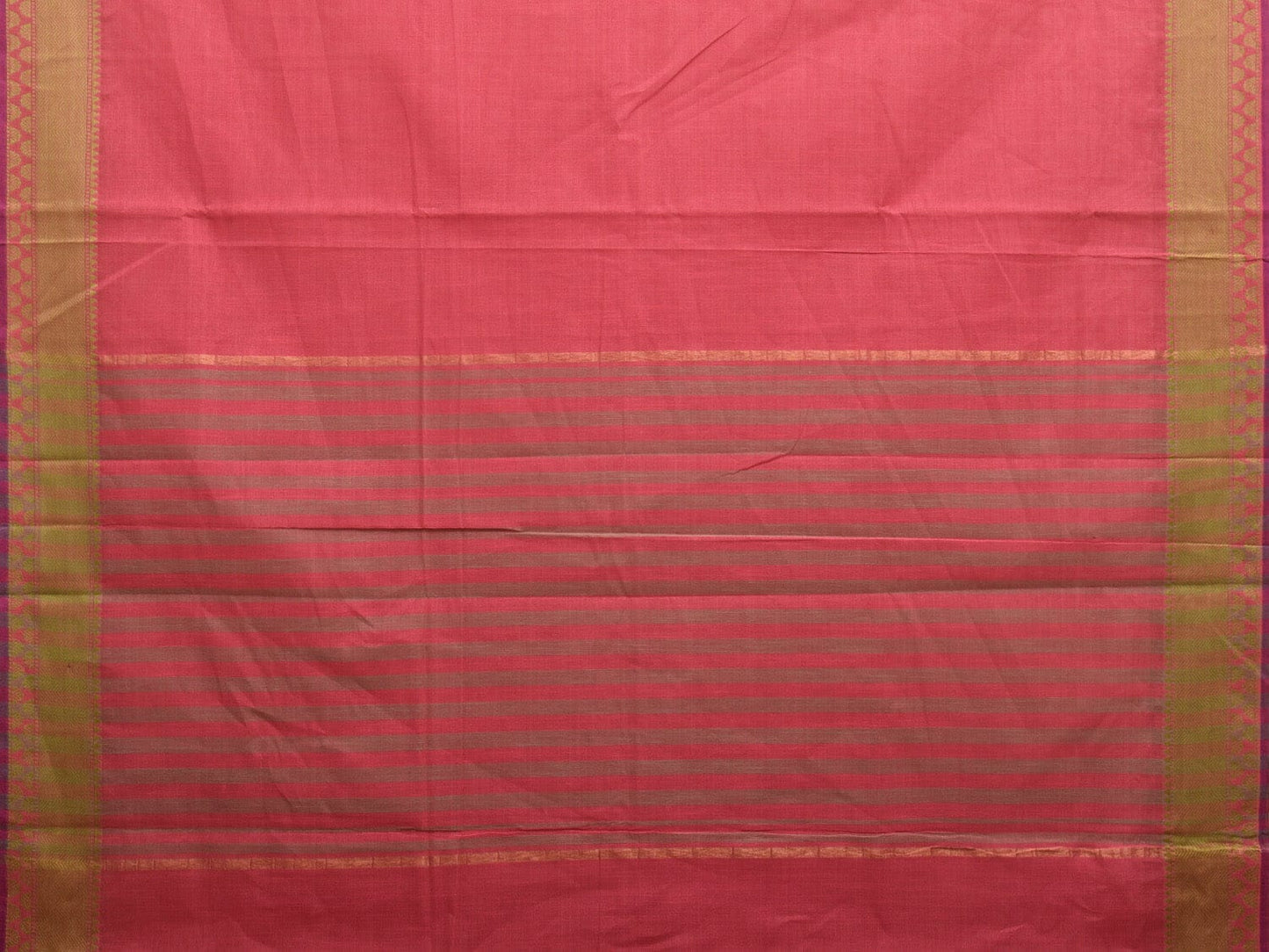 Pink and Green Kanchipuram Cotton Handloom Plain Saree with Strips Pallu Design k0553