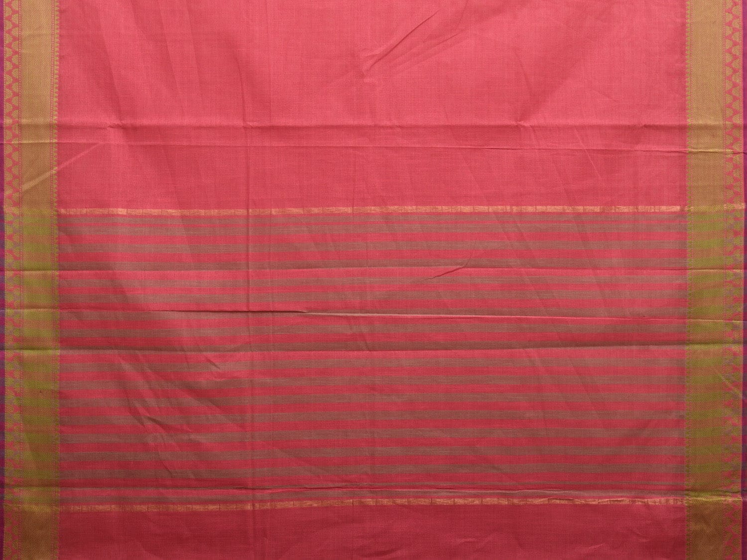 Pink and Green Kanchipuram Cotton Handloom Plain Saree with Strips Pallu Design k0553