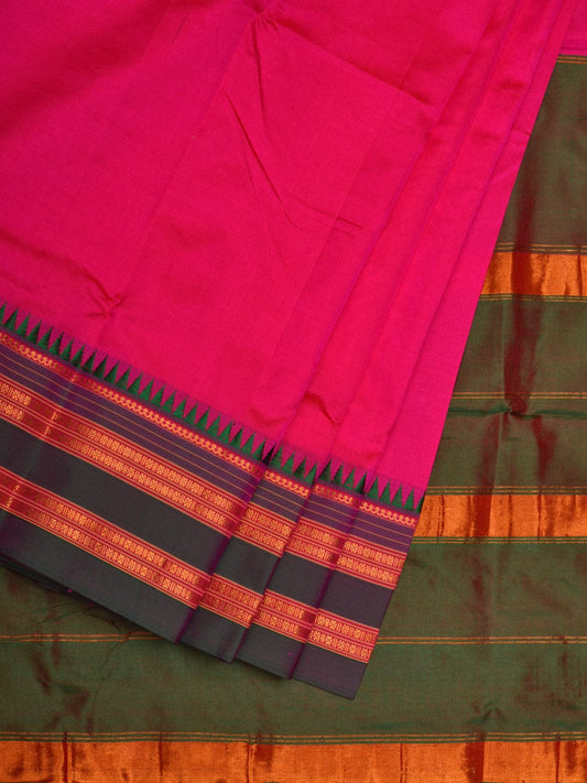 Pink and Green Narayanpet Silk Handloom Plain Saree with Traditional Border Design No Blouse np0576