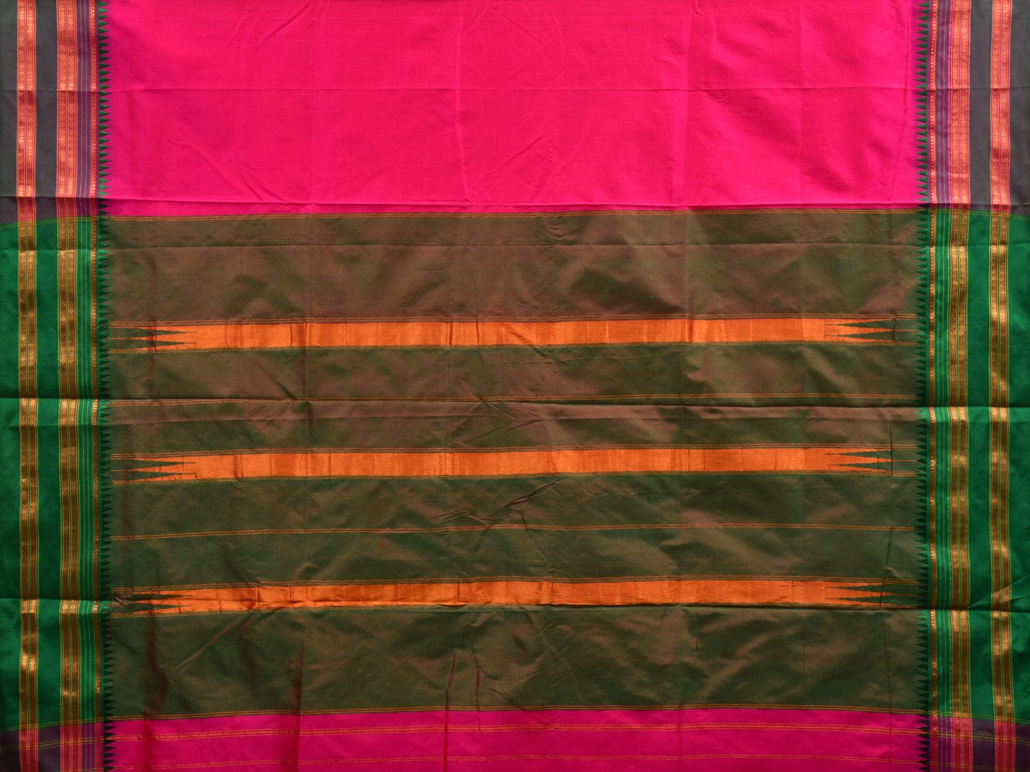 Pink and Green Narayanpet Silk Handloom Plain Saree with Traditional Border Design No Blouse np0576