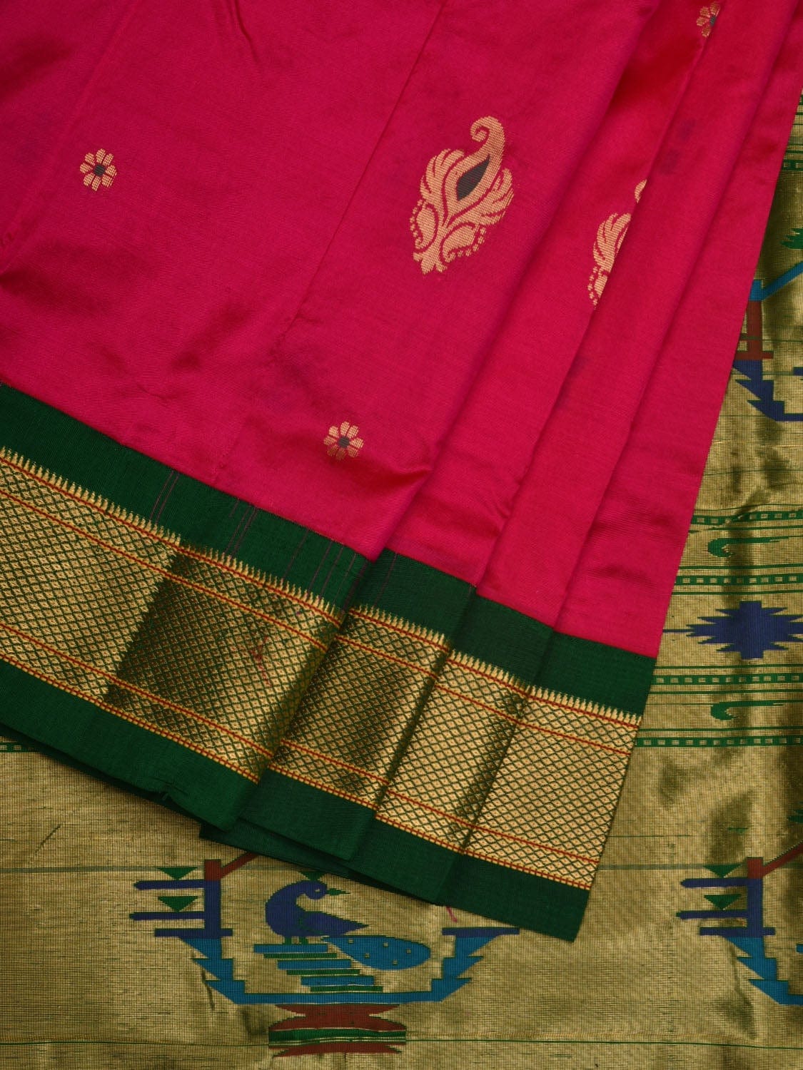 Pink and Green Paithani Silk Handloom Saree with Body Buta Design p0431