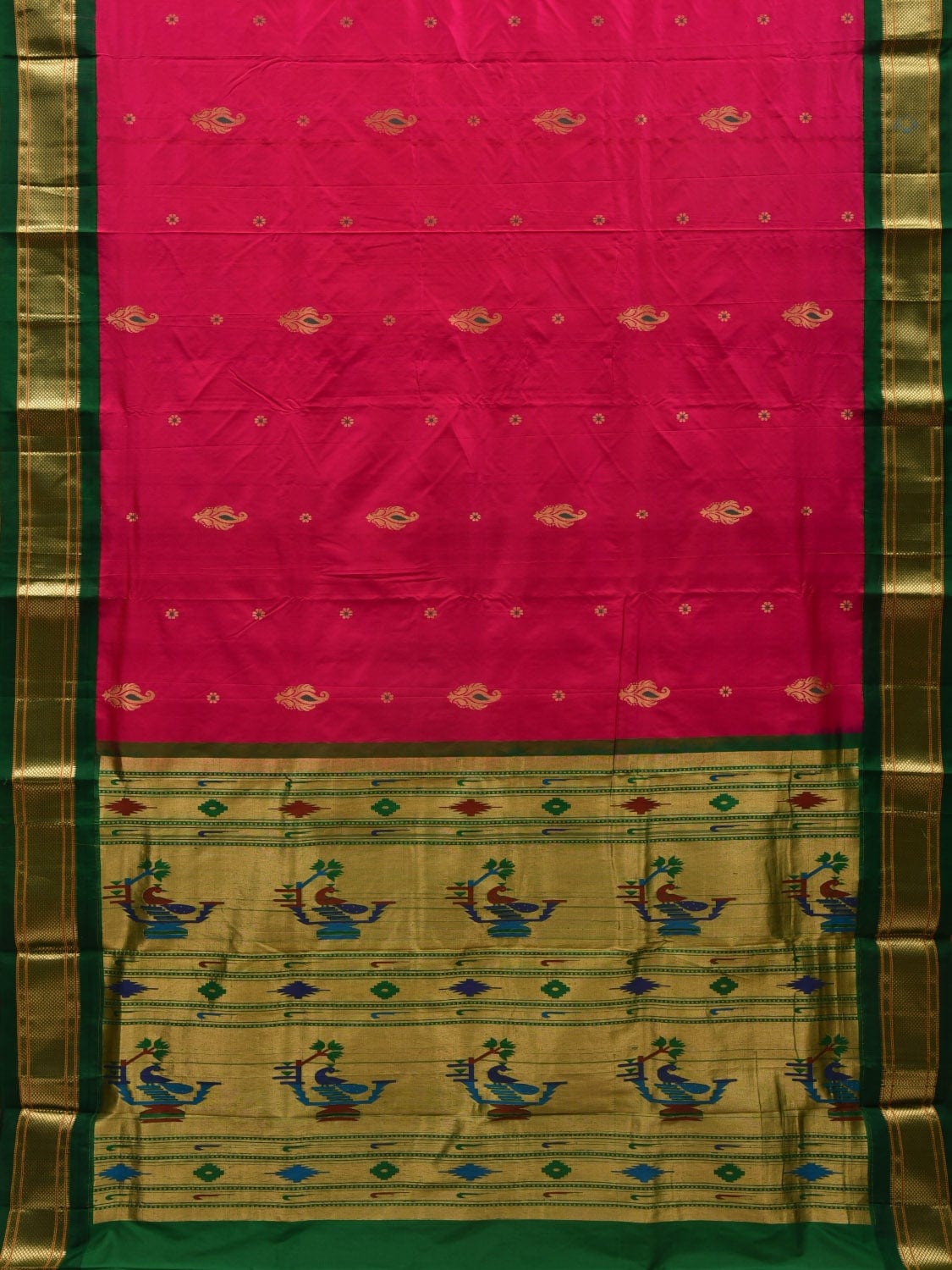 Pink and Green Paithani Silk Handloom Saree with Body Buta Design p0431