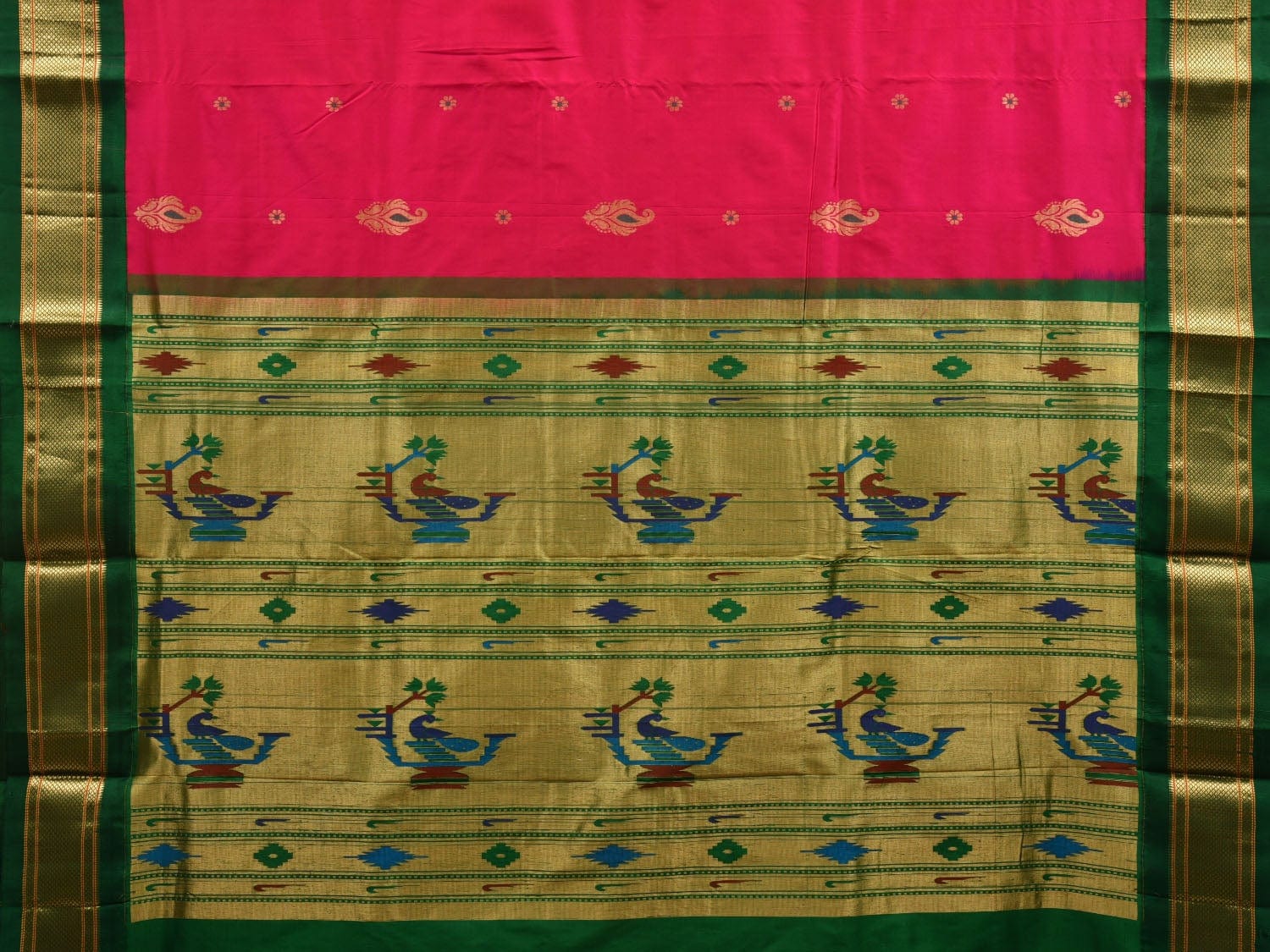 Pink and Green Paithani Silk Handloom Saree with Body Buta Design p0431