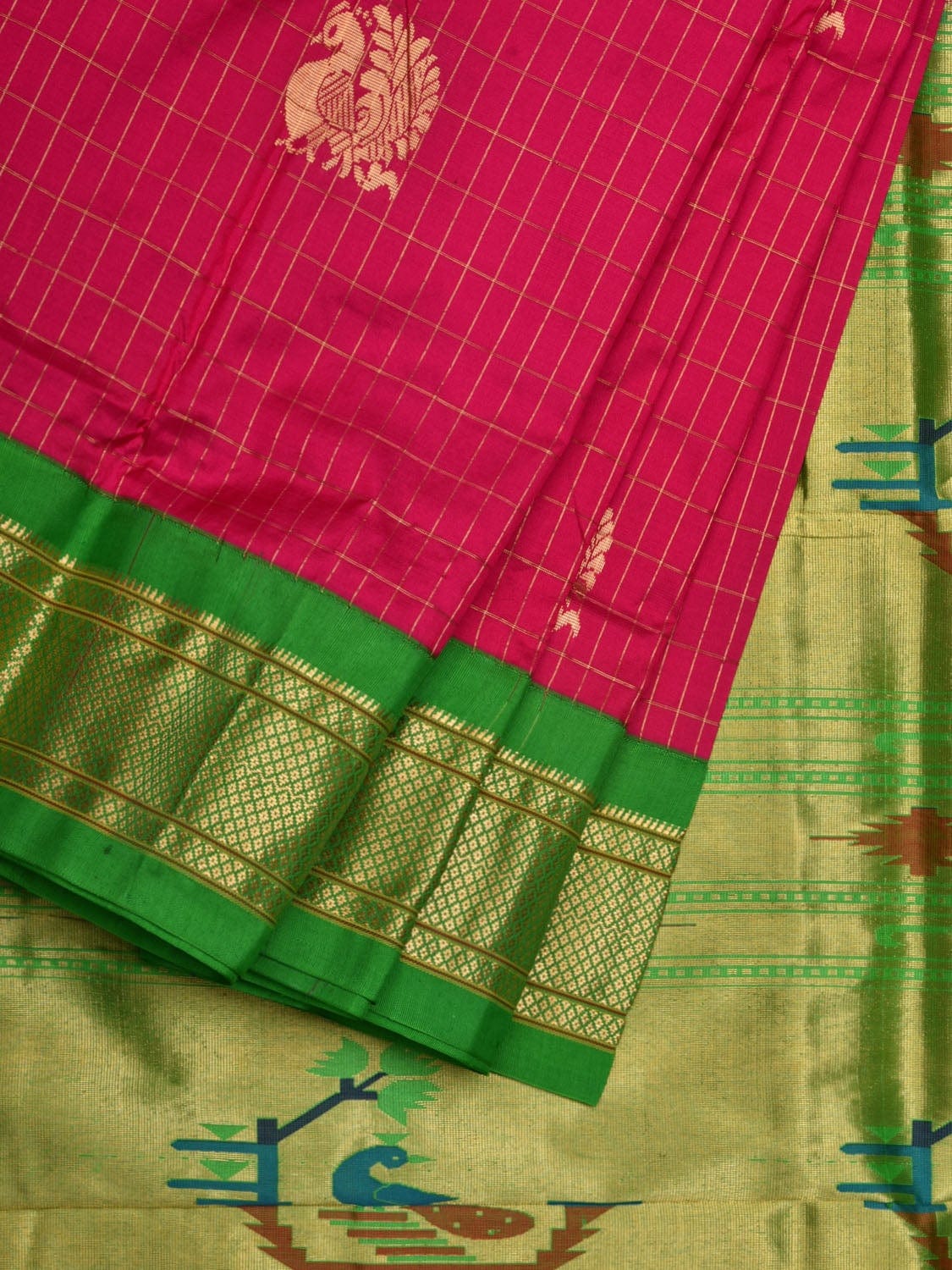 Pink and Green Paithani Silk Handloom Saree with Checks and Body Design p0420