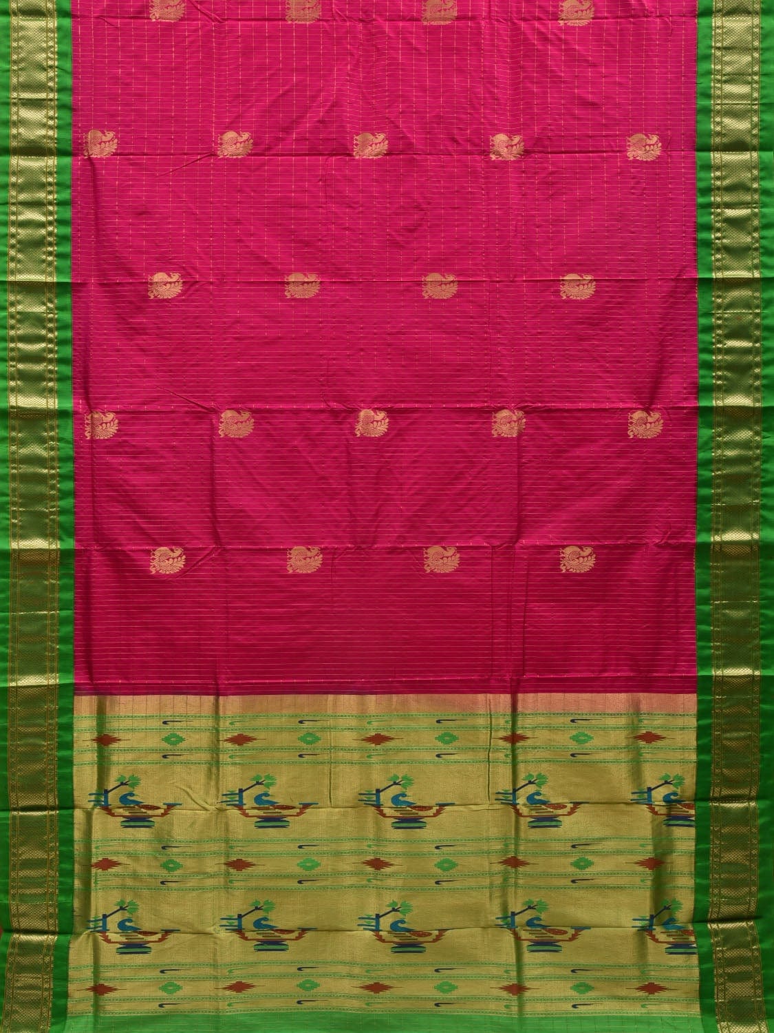 Pink and Green Paithani Silk Handloom Saree with Checks and Body Design p0420