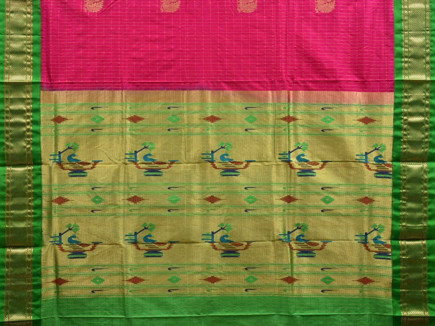 Pink and Green Paithani Silk Handloom Saree with Checks and Body Design p0420